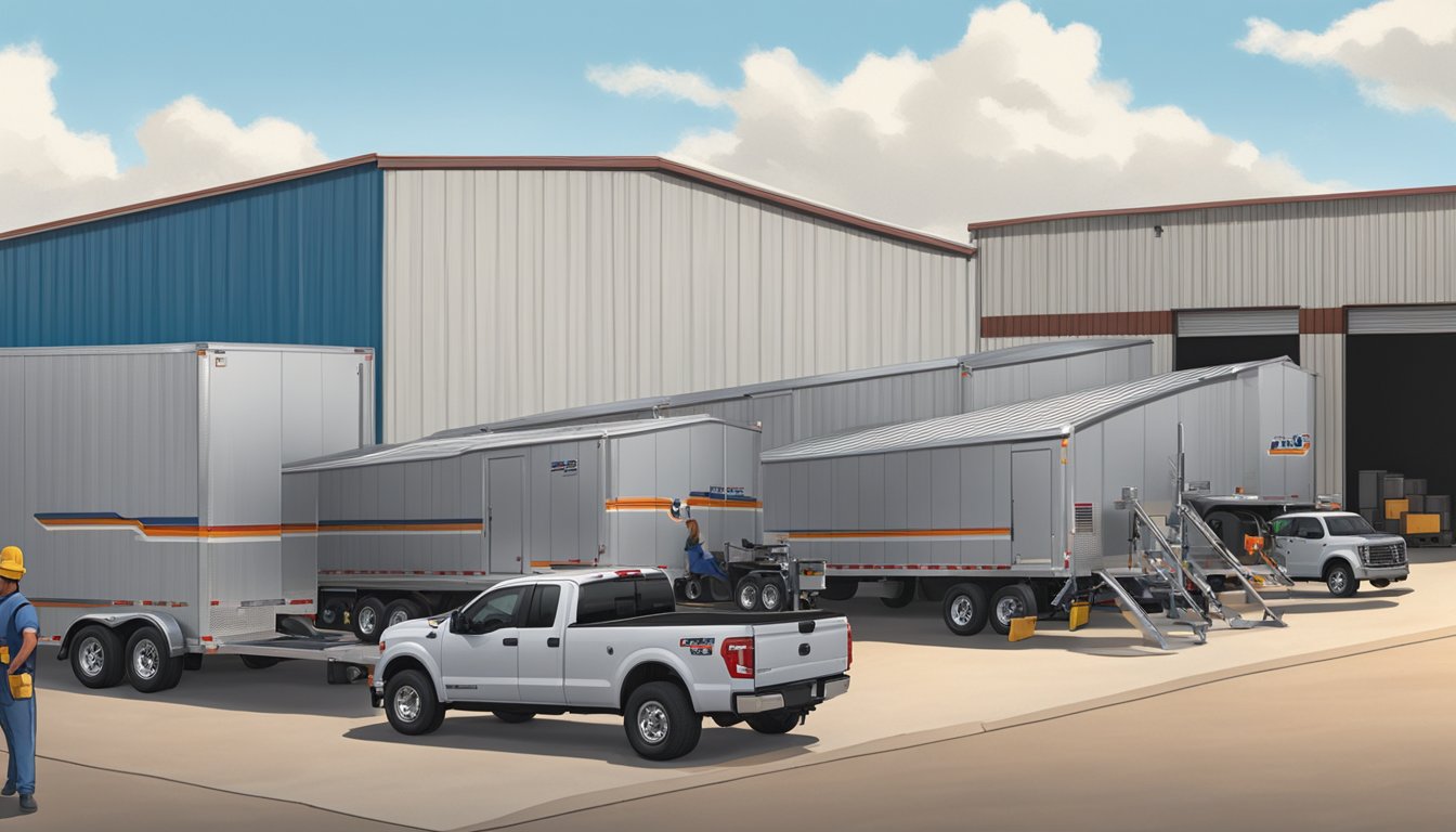 A line of Texas Pride Trailers parked outside a warehouse, with workers loading and unloading equipment