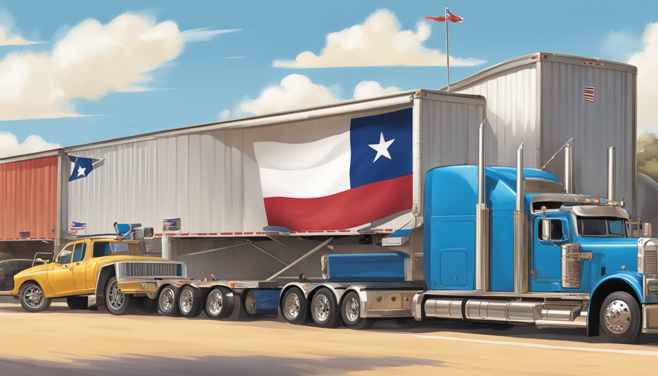 A Texas flag flies proudly over a row of trailers, with a large "Texas Pride Trailers" sign in the background