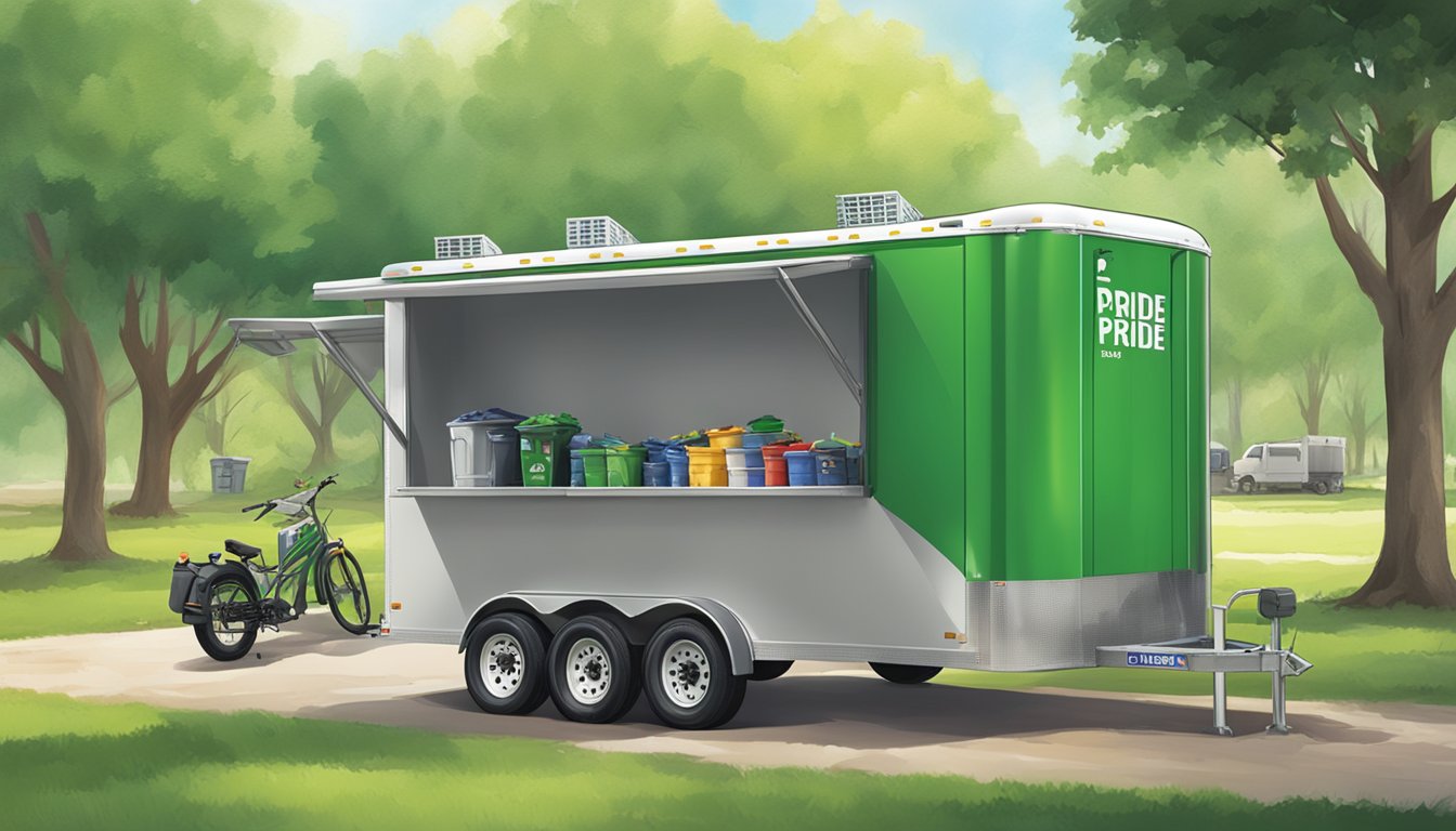 A Texas Pride trailer parked in a clean, green environment with recycling bins nearby