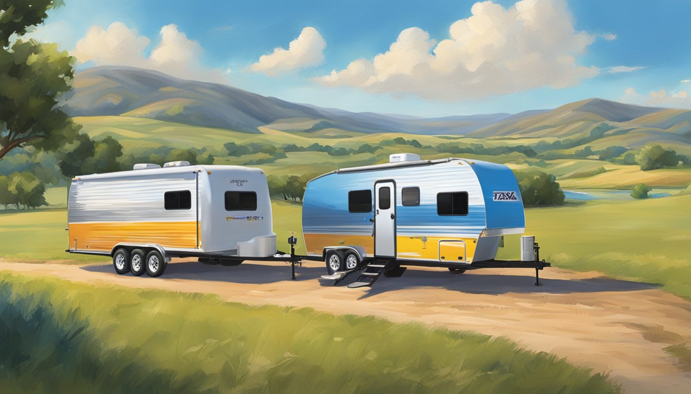 A Texas Pride trailer parked in a rural setting with rolling hills and a big blue sky