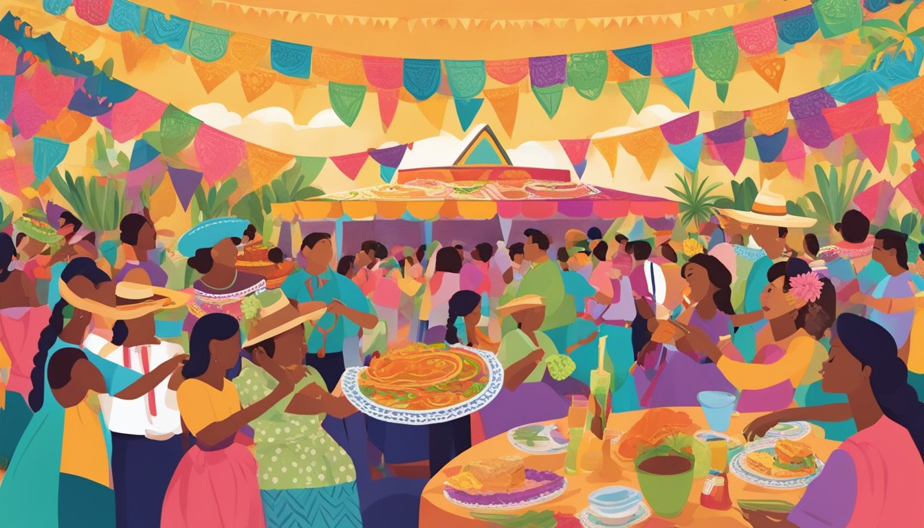 A vibrant fiesta with colorful papel picado, mariachi music, and a spread of traditional South Texas cuisine