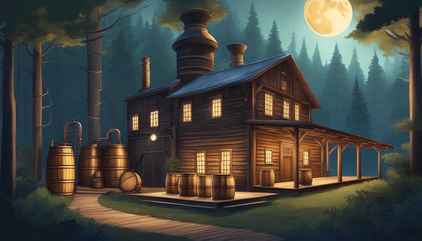 A rustic wooden distillery with copper stills and barrels, surrounded by a lush, moonlit forest