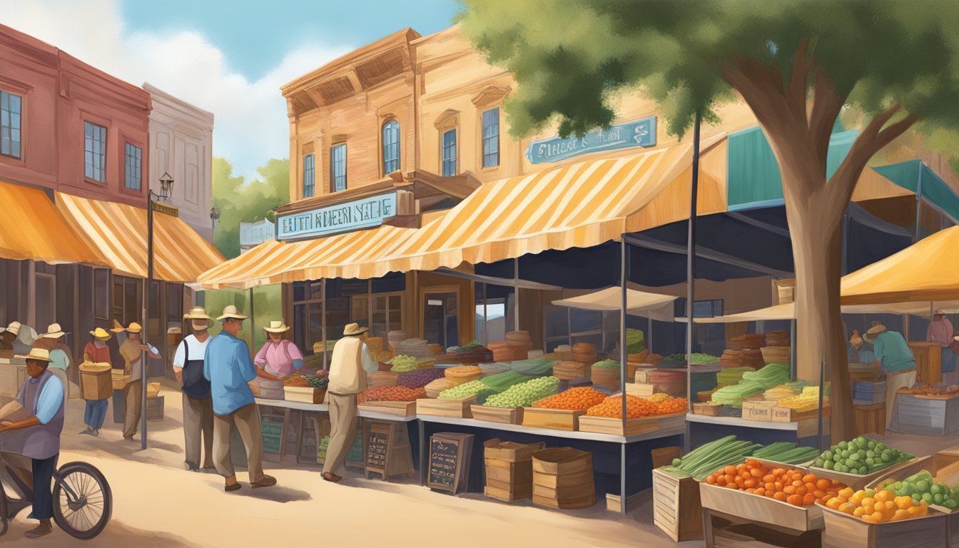 A vibrant market scene in southern Texas, showcasing historical landmarks, traditional cuisine, and cultural artifacts