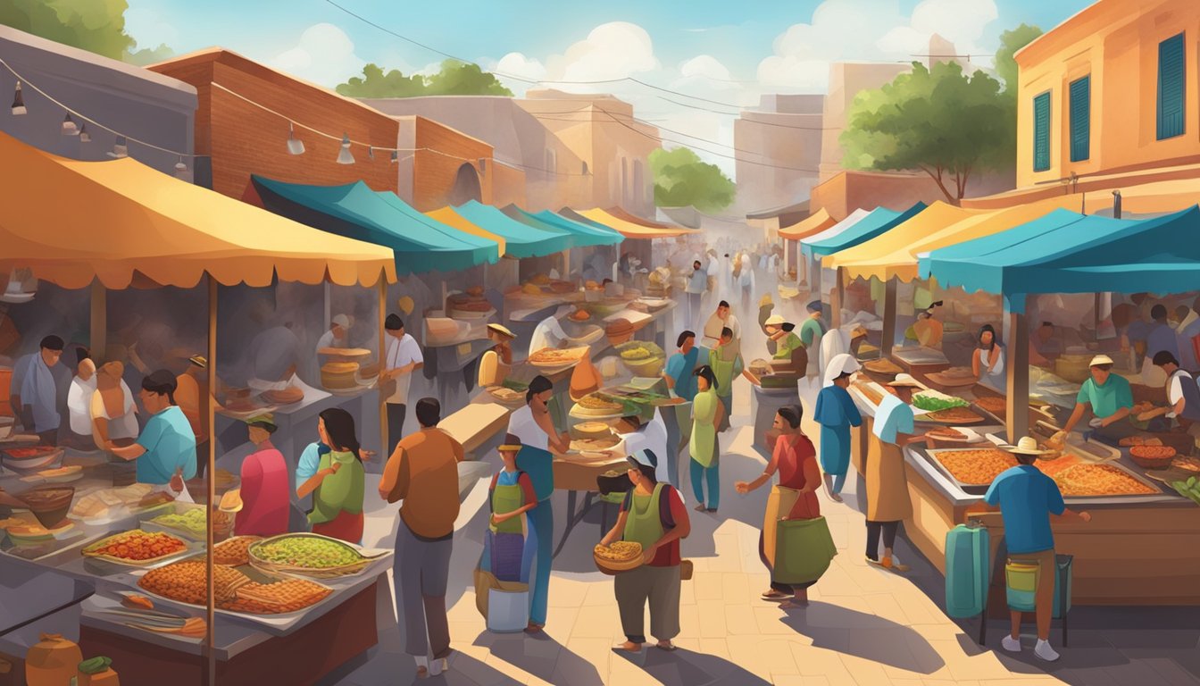 A bustling outdoor market with vendors selling Tex-Mex cuisine and traditional Mexican dishes. The aroma of sizzling fajitas and fresh tortillas fills the air