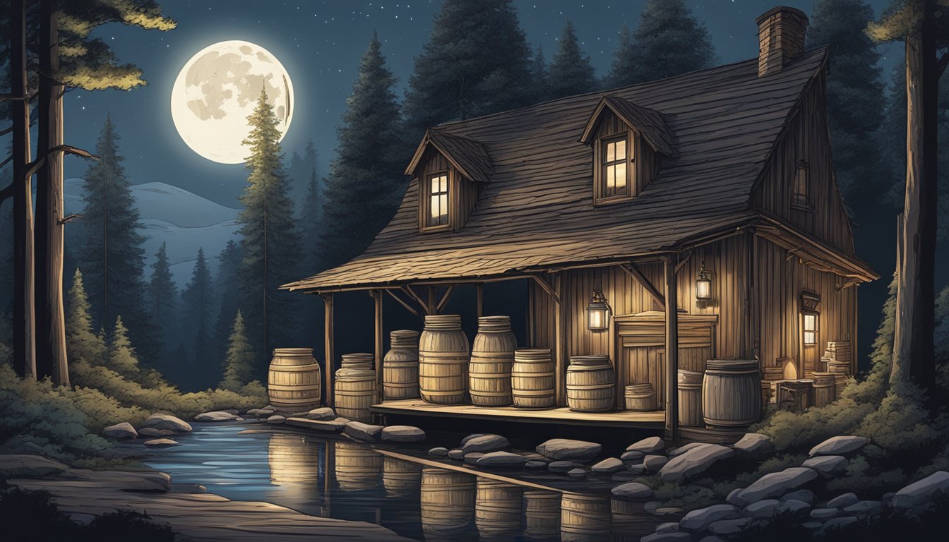 A rustic wooden still sits in a moonlit clearing, surrounded by towering trees and a bubbling stream. Jars of clear liquid line the shelves, evoking the history of moonshine