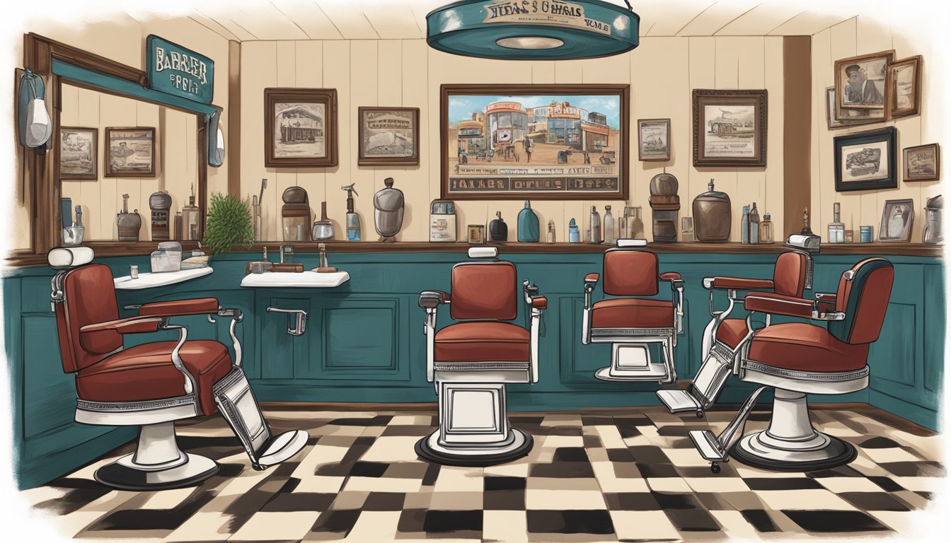 A barber shop with vintage chairs and Texas-themed decor, showcasing a timeline of different Texas style haircuts from the past to the present