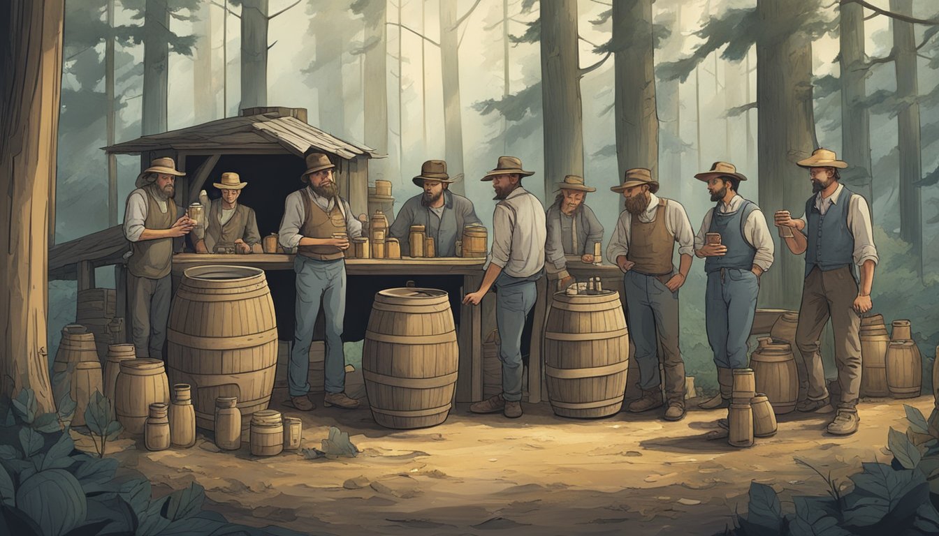 A group of people gather around a homemade still in the woods, surrounded by jars of moonshine and rustic barrels. A sense of secrecy and rebellion permeates the scene