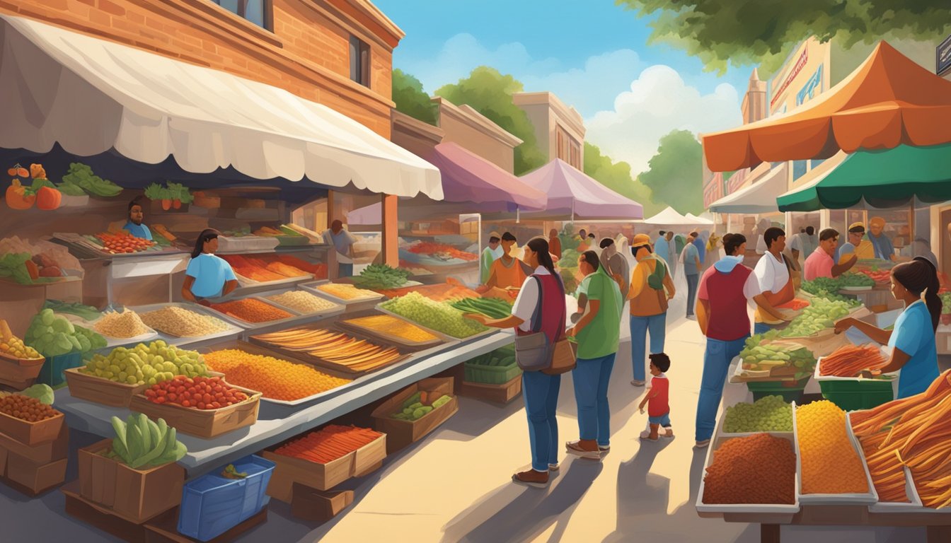 A bustling farmers' market filled with vibrant produce, spices, and traditional Tex-Mex ingredients. The aroma of sizzling fajitas and fresh tamales fills the air