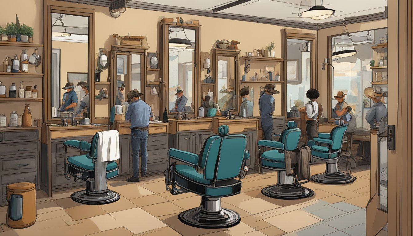 A barber shop filled with clients getting Texas-style haircuts. Cowboy hats and boots line the walls, while stylists work on modern and traditional cuts