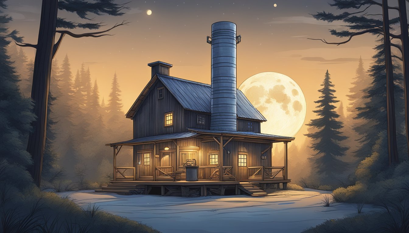 A rustic moonshine still nestled in a secluded forest clearing, surrounded by towering trees and bathed in the soft glow of the moon