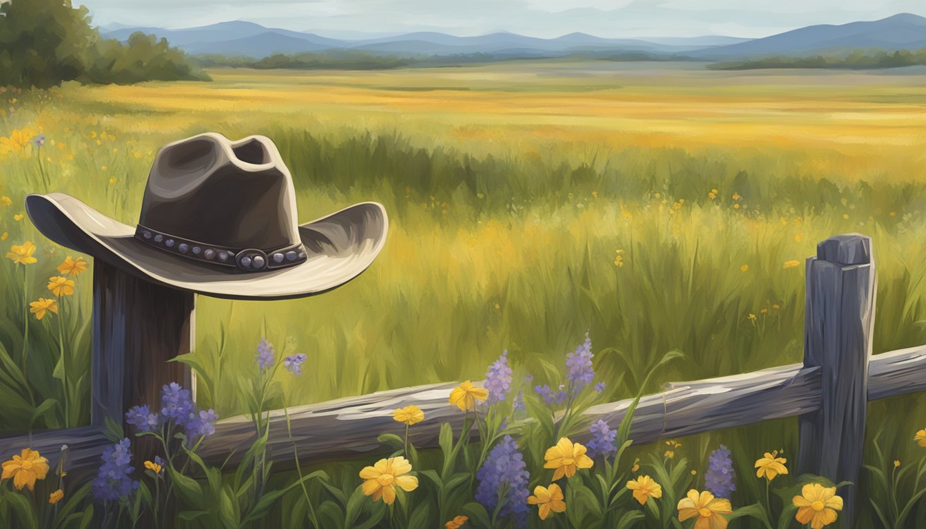 A lone cowboy hat rests on a weathered wooden fence post, surrounded by a field of wildflowers and tall grass