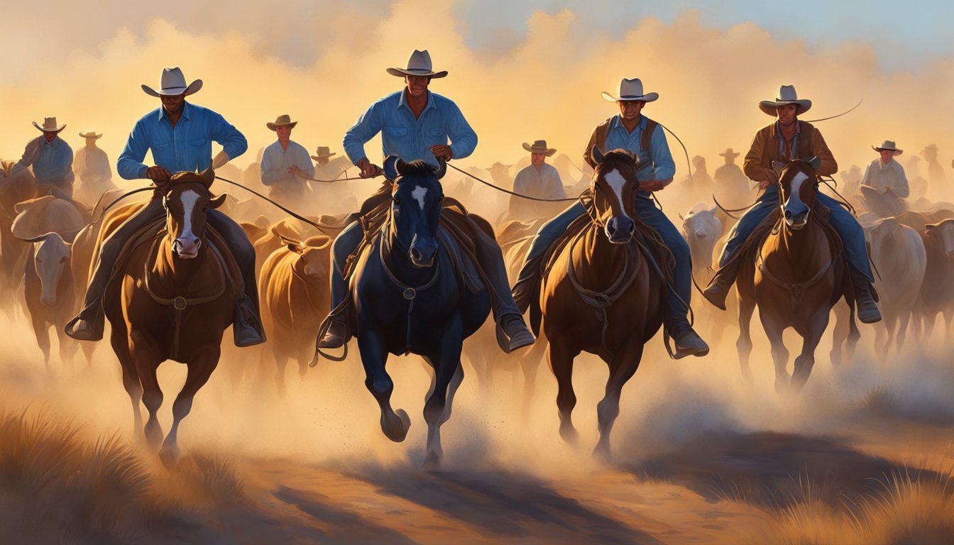 Cowboys driving a herd of cattle across the open plains of Texas, with dust kicking up from the hooves and the sun setting in the distance