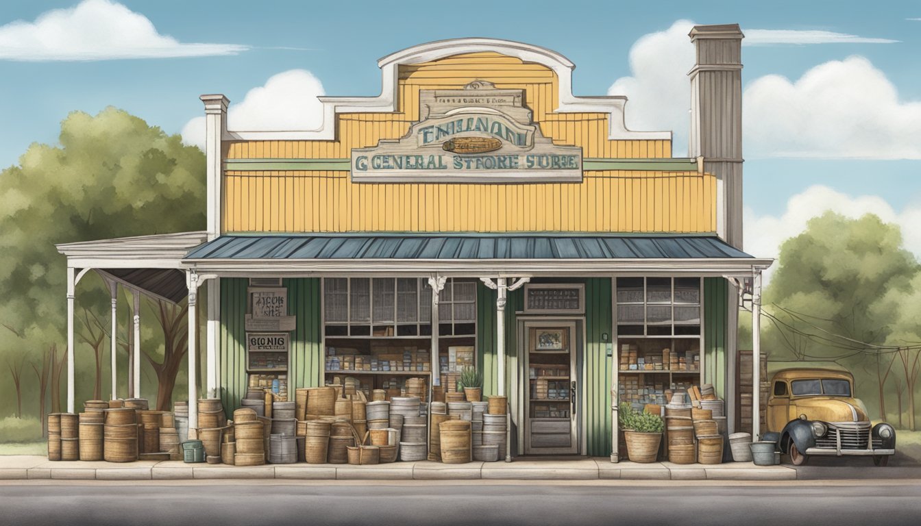 A historic Texan general store stands as a hub of local commerce, its architecture reflecting the cultural impact of bygone micro economies