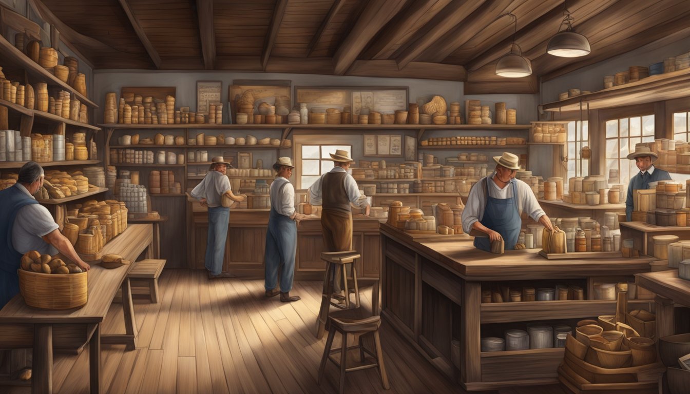 A historic Texan general store bustling with trade and activity, with goods and services being exchanged between customers and the storekeeper