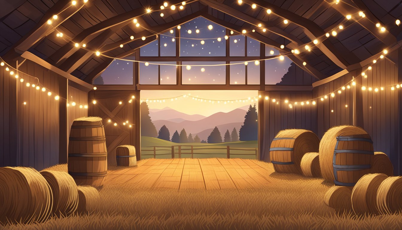 A rustic barn adorned with twinkling lights, cowboy boots and hats, and a wooden dance floor surrounded by hay bales