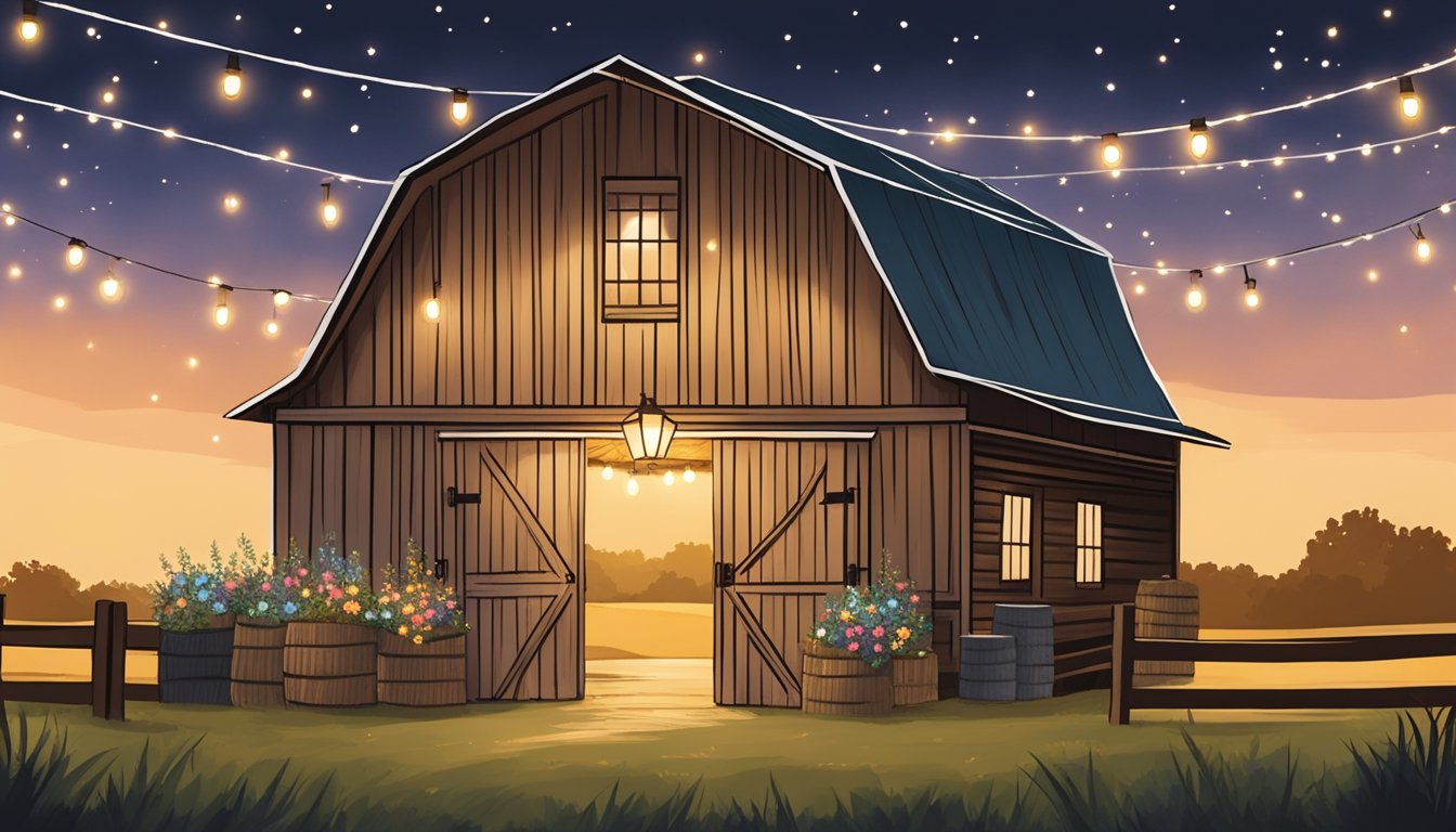 A rustic Texas barn adorned with string lights, hay bales, and wildflowers, set up for pre-wedding events and accommodations