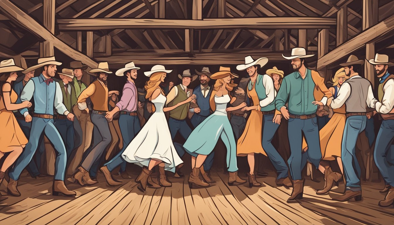 A group of people line dancing in cowboy boots and hats at a post-wedding celebration in a rustic Texas barn