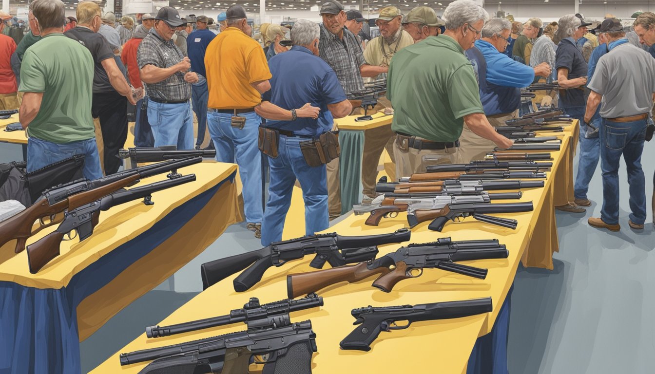 Various firearms displayed on tables at a Texas gun show: rifles, shotguns, pistols, and ammunition. Attendees browsing and talking to vendors