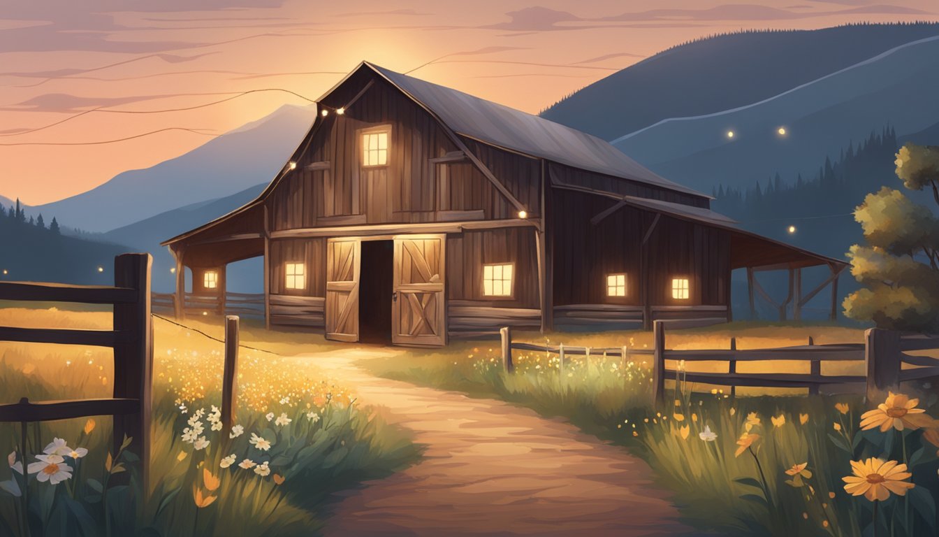 A rustic barn adorned with string lights and wildflowers, surrounded by rolling hills and a lone cowboy hat resting on a wooden fence