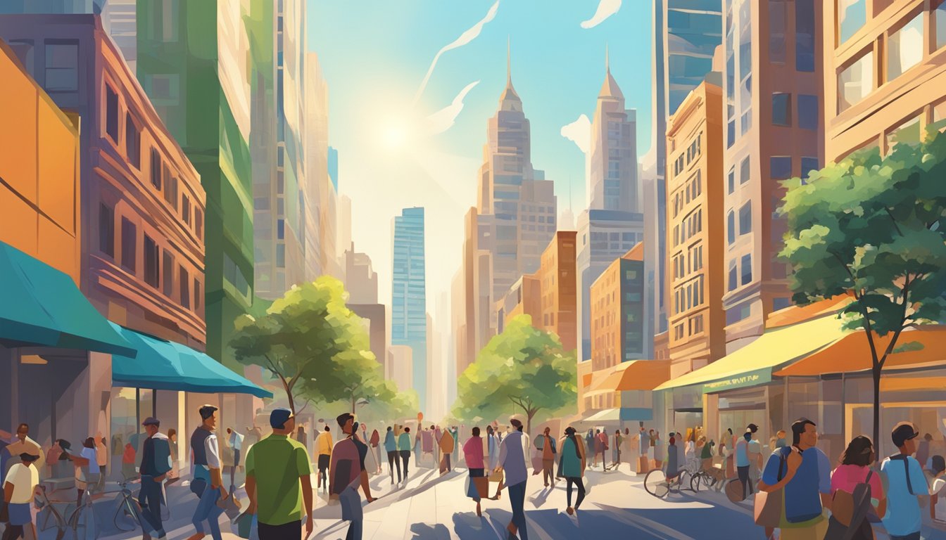 Busy city streets with towering skyscrapers, bustling sidewalks, and vibrant street art. The sun beats down on the urban landscape as people go about their daily activities