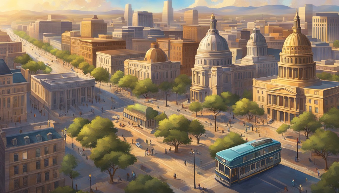 Sunlit cityscape with prominent landmarks and museums, bustling streets and vibrant urban life, capturing the essence of historical exploration in major Texas cities