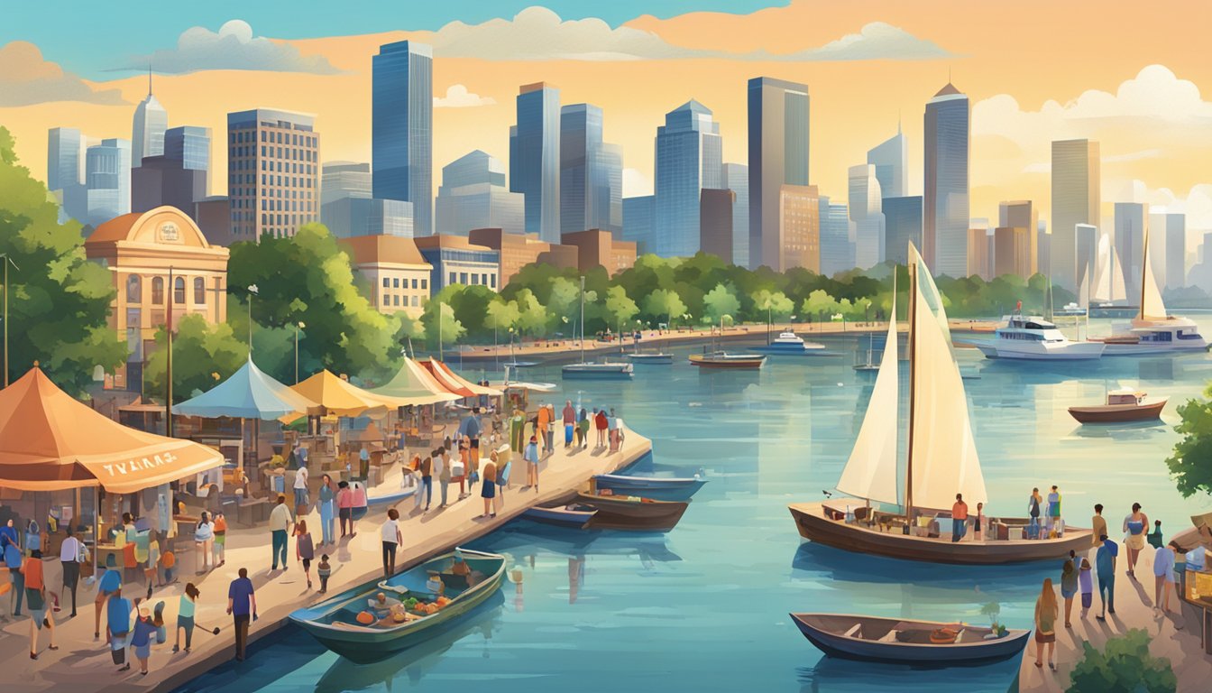 A bustling waterfront scene with city skylines, boats, and people enjoying summer activities in major Texas cities