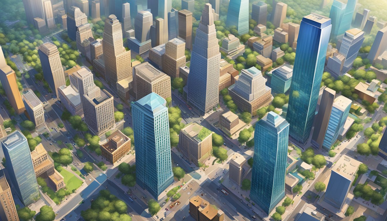 An aerial view of a bustling cityscape with skyscrapers, parks, and busy streets, showcasing the vibrant urban exploration and summer experiences in major Texas cities