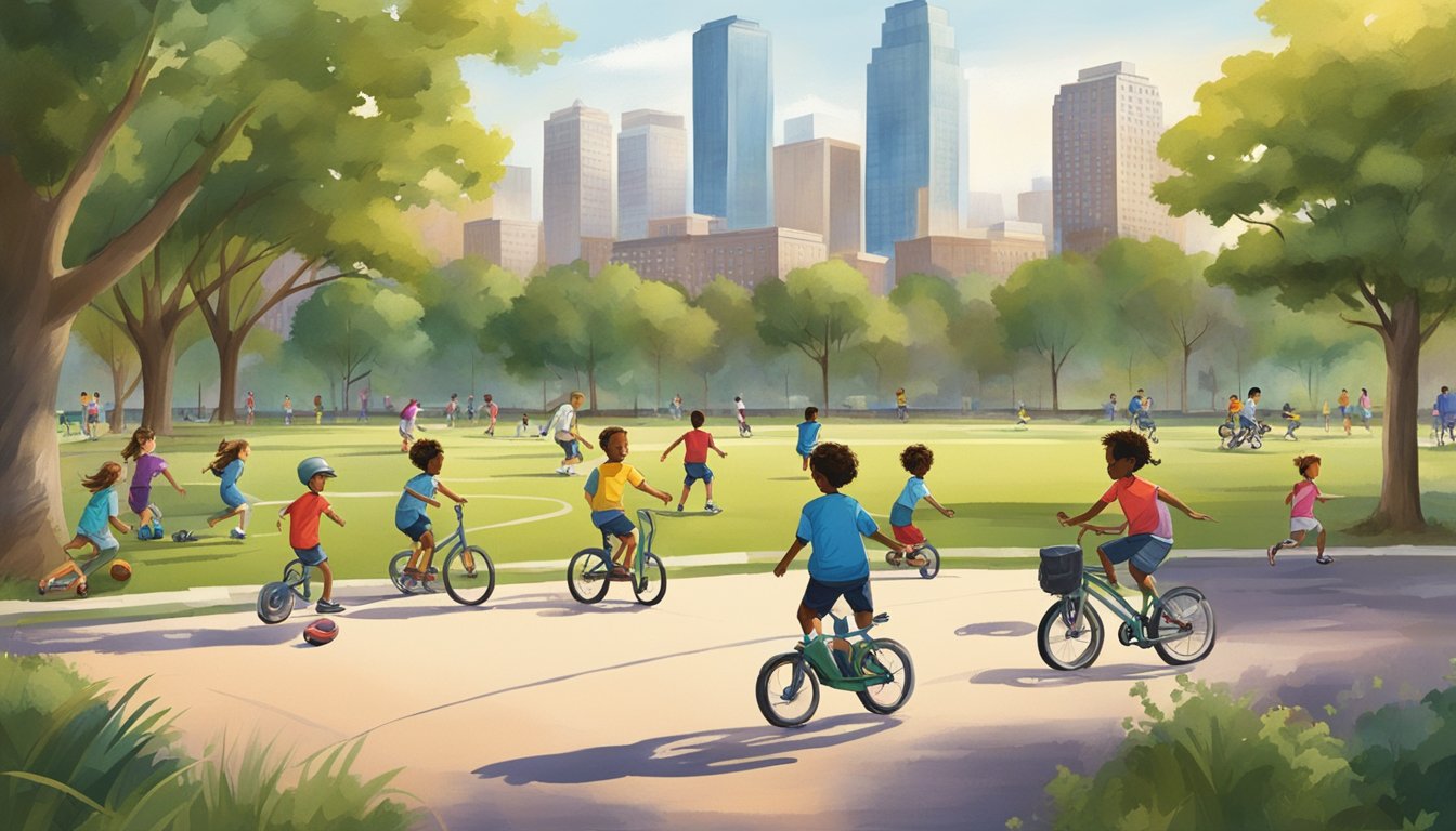 Children playing soccer in a city park, while others bike and skate along the urban trails. The skyline of a major Texas city looms in the background