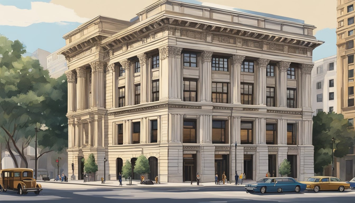 The Texas National Bank building stands tall, with a grand entrance and classical architectural details. Surrounded by bustling city streets, it exudes a sense of history and importance