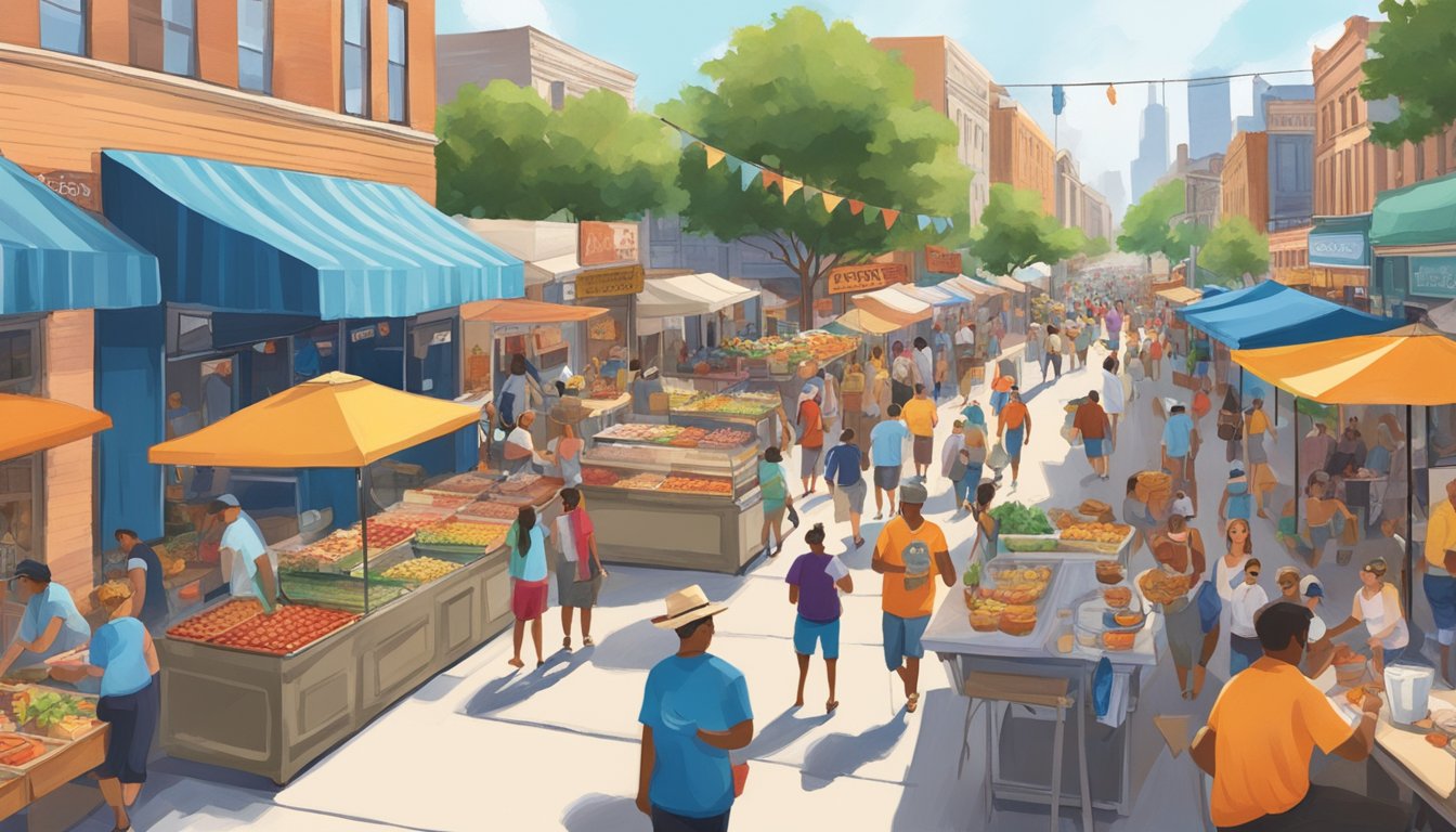 A bustling city street lined with food vendors, live music, and colorful decorations, with people of all ages enjoying iconic Texas summer festivities and events