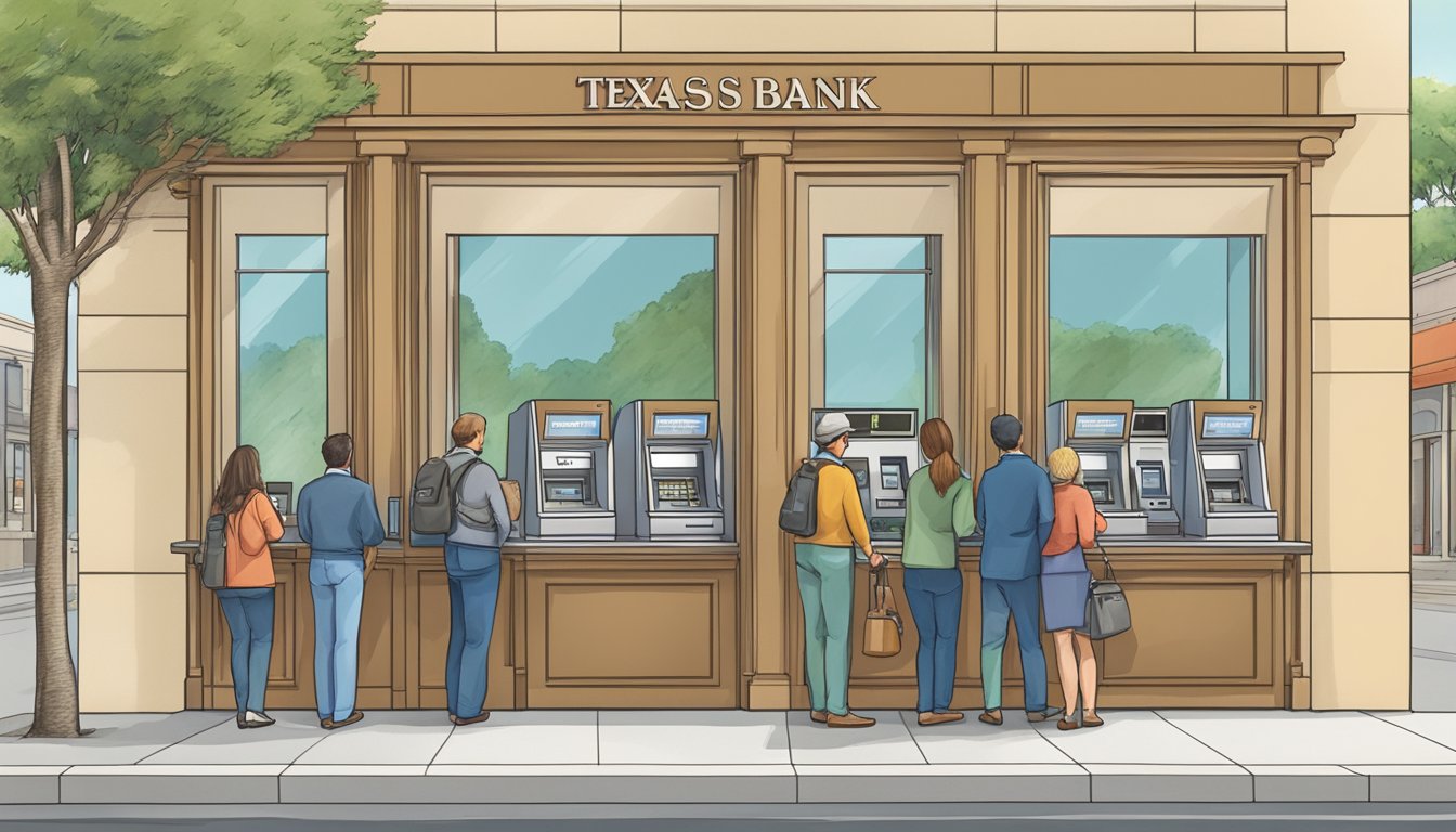 A bustling Texas National Bank branch with customers at teller windows and a line forming at the ATM