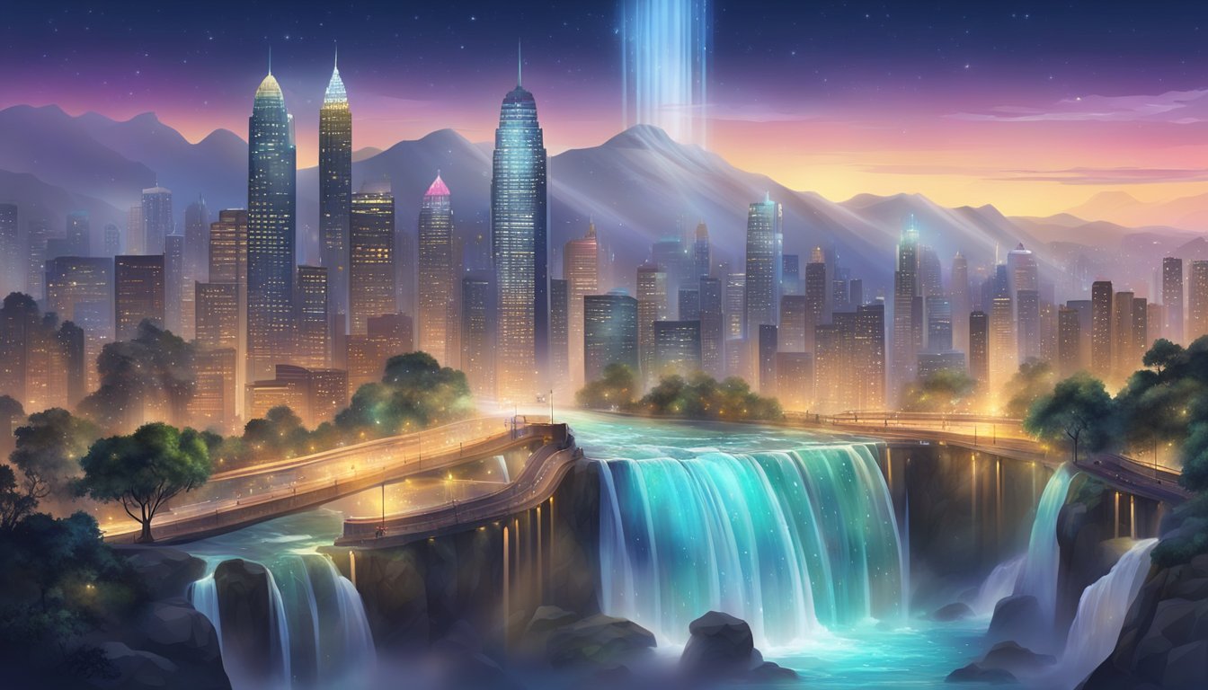 A majestic waterfall flows through a bustling urban landscape, surrounded by skyscrapers and city lights, with vibrant gemstones sparkling in the mist