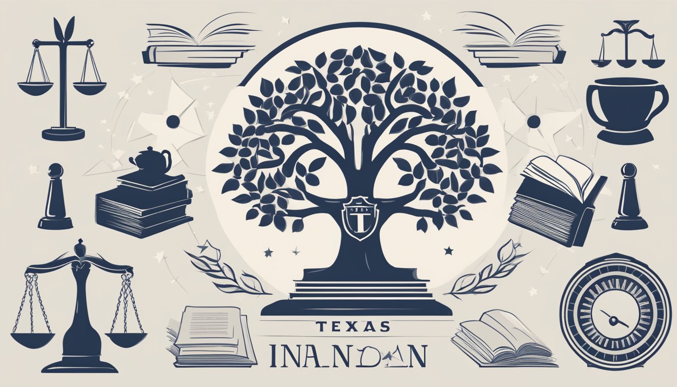 The Texas National Bank logo surrounded by symbols of philosophy and values, such as scales, an open book, and a tree of knowledge