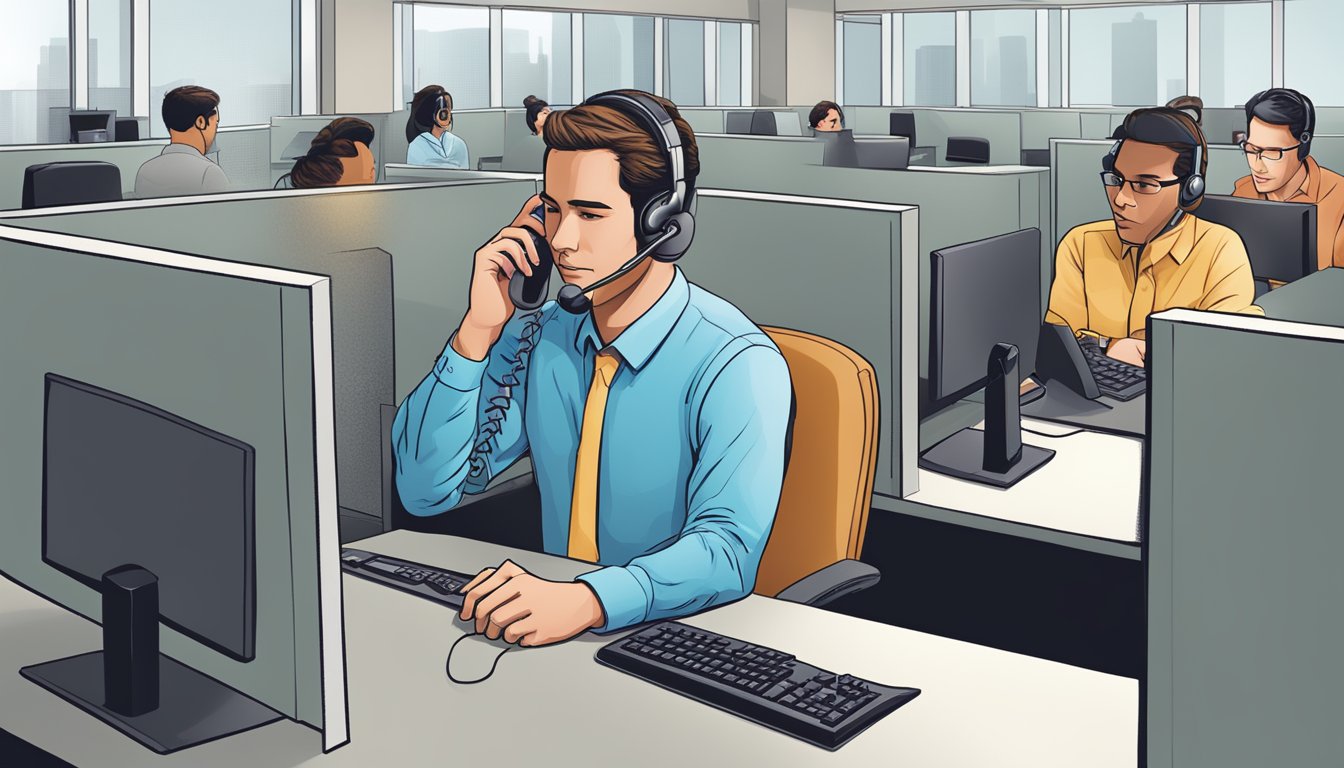 A customer support representative assisting a client over the phone at a Texas National Bank call center