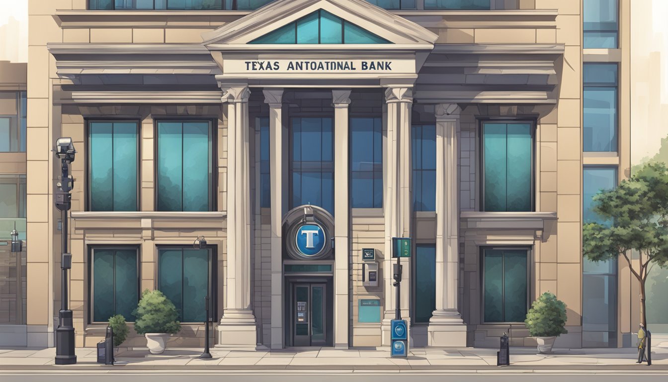 A bank building with a prominent "Texas National Bank" sign, surrounded by security cameras and privacy screens