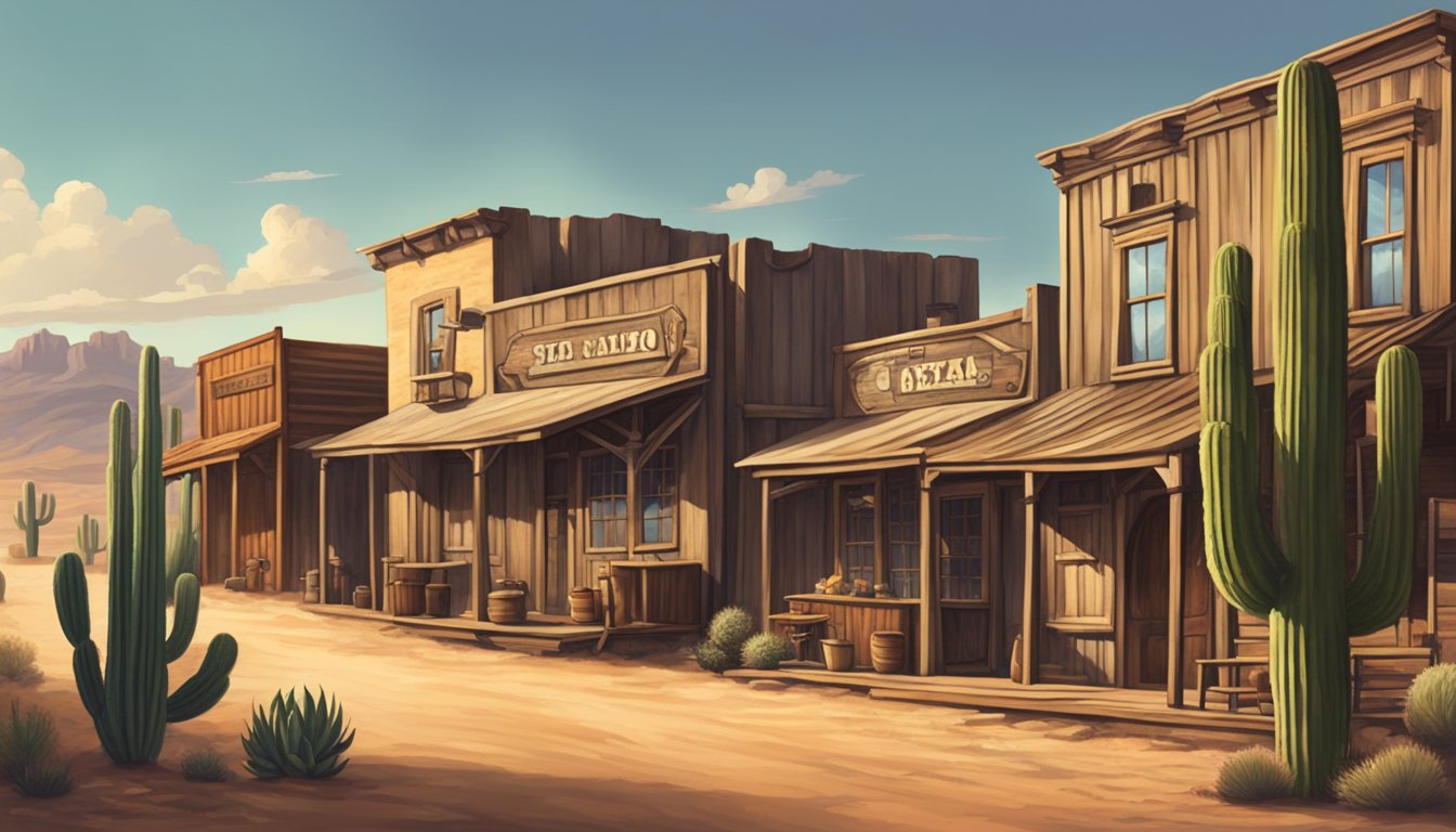 A dusty old western town with wooden storefronts and a saloon, surrounded by rolling hills and cacti under a big Texas sky