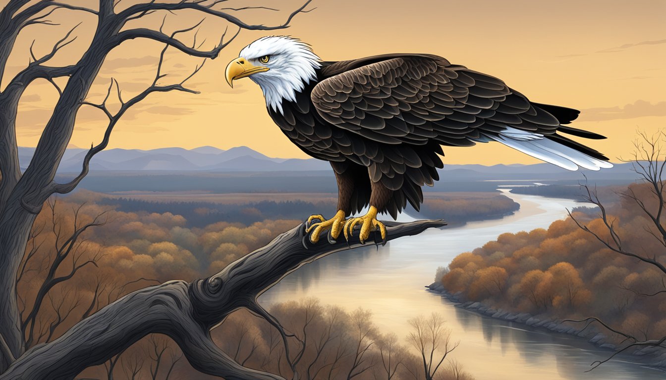 A bald eagle perched on a leafless tree branch, overlooking a serene Texas landscape with a river winding through the countryside