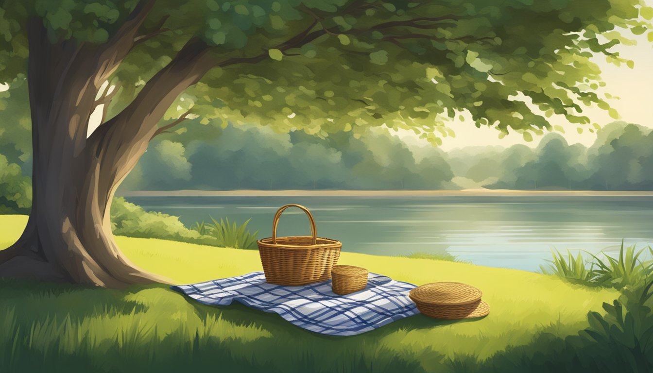 A serene riverside setting with lush greenery, a picnic blanket, and a wicker basket under a shady tree