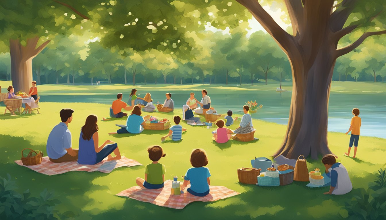 Families spread out on lush green lawns, surrounded by towering oak trees and tranquil lakes, enjoying picnics under the warm Texas sun