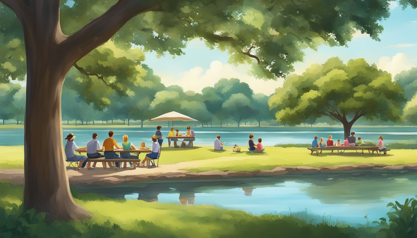 Families enjoying a picnic under the shade of towering oak trees in a lush Texas park, with a serene lake in the background