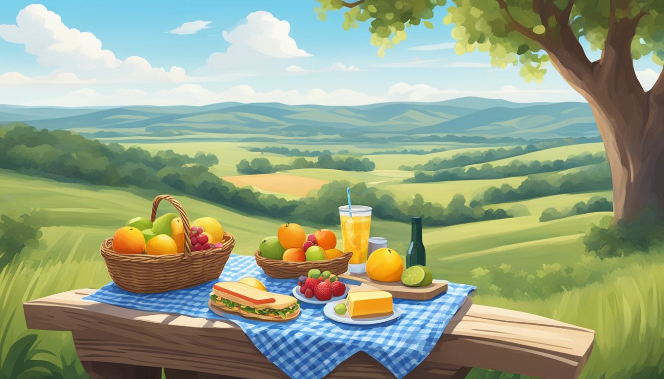 A peaceful picnic spot in Texas with a checkered blanket, wicker basket, fresh fruit, sandwiches, and a refreshing drink, surrounded by rolling hills and a clear blue sky