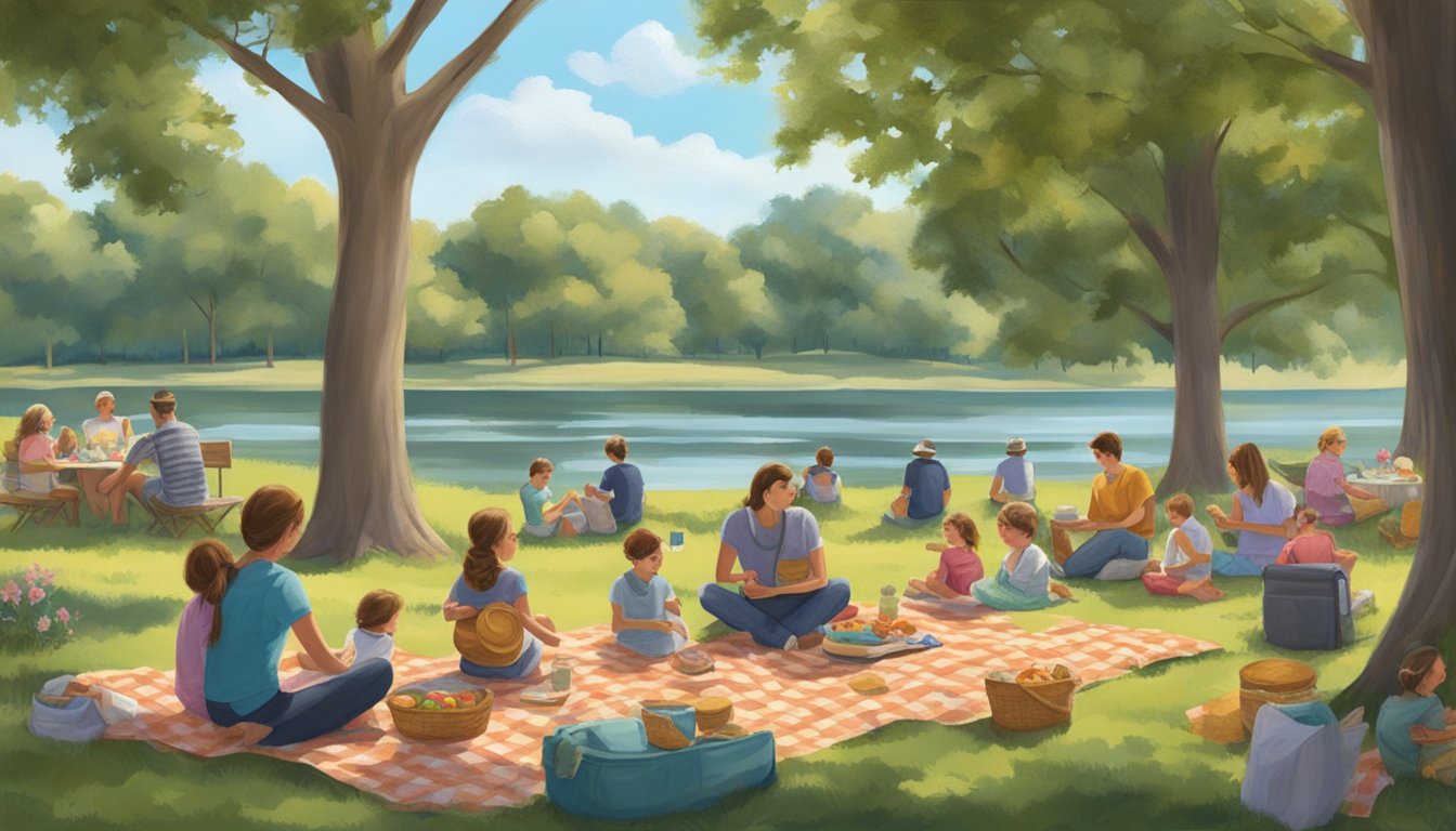 Families spread out on checkered blankets under sprawling oak trees, enjoying a leisurely picnic by a tranquil Texas lake