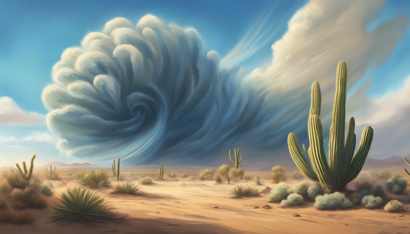 A tornado swirling through the desert, lifting up cacti and dust in its path, under a bright blue sky with a lone tumbleweed rolling by