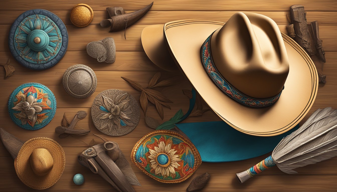 A cowboy hat and a sombrero hanging on a wall, surrounded by a mix of Texan and Mexican cultural artifacts