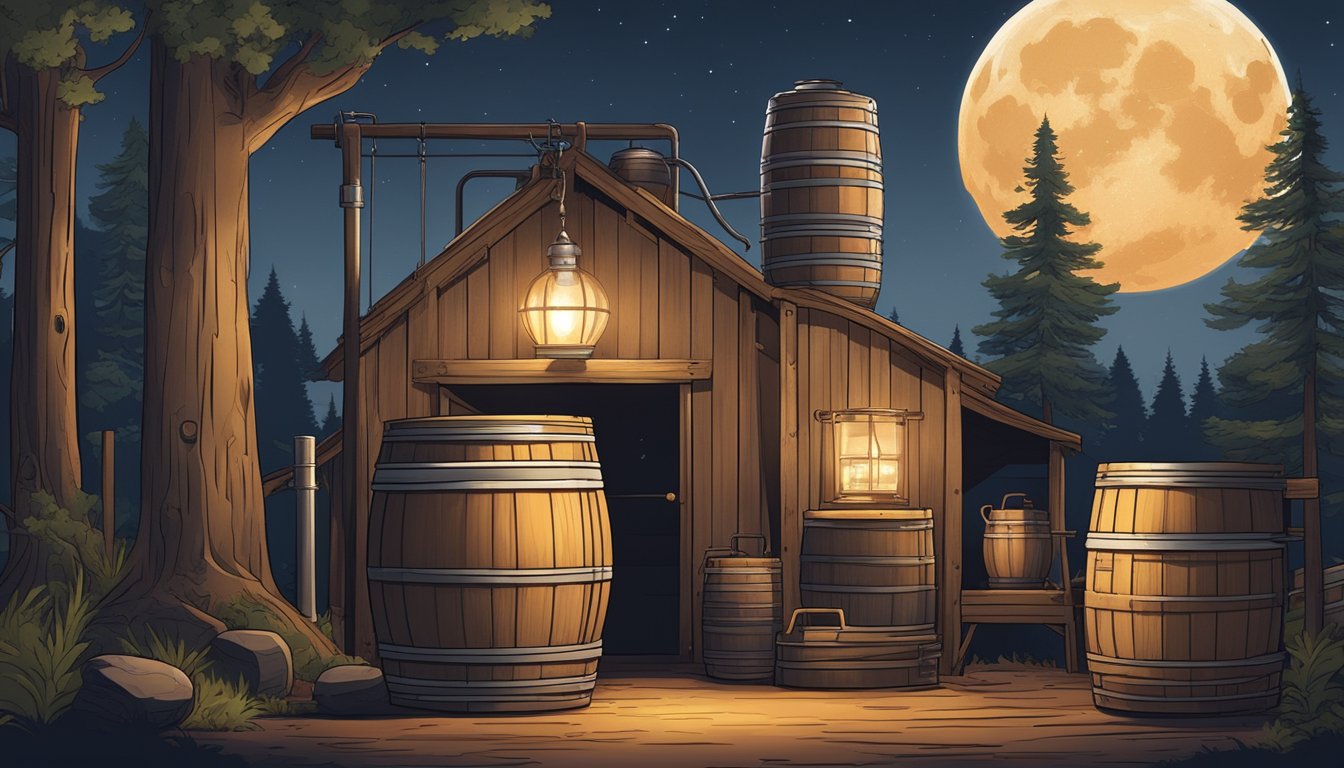 A rustic Texan moonshine still nestled in the woods, surrounded by barrels, jugs, and copper equipment, with a glowing moon overhead