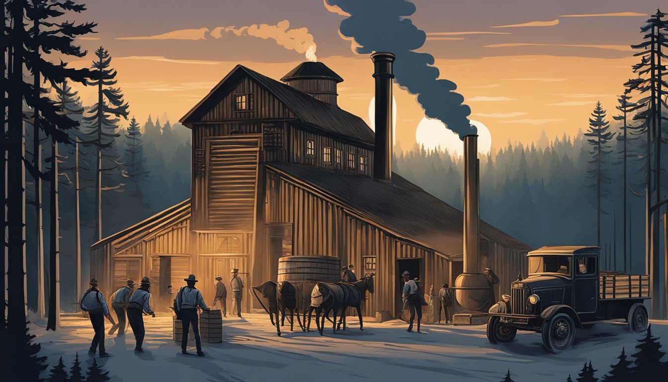 A dimly lit backwoods distillery surrounded by towering pine trees, with smoke billowing from the copper still as a group of men hurriedly load crates of moonshine into waiting trucks