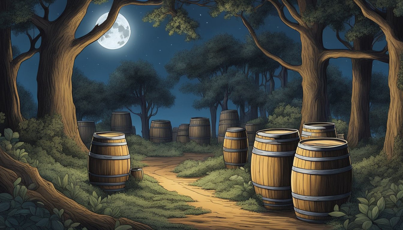 A secluded Texas forest with a hidden still, surrounded by oak barrels and jugs of moonshine, as the full moon illuminates the operation