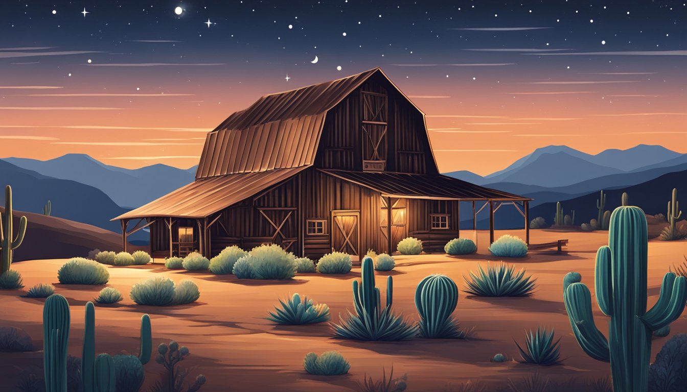 A rustic Texan barn with copper stills bubbling, surrounded by rolling hills and cacti, under a bright moonlit sky