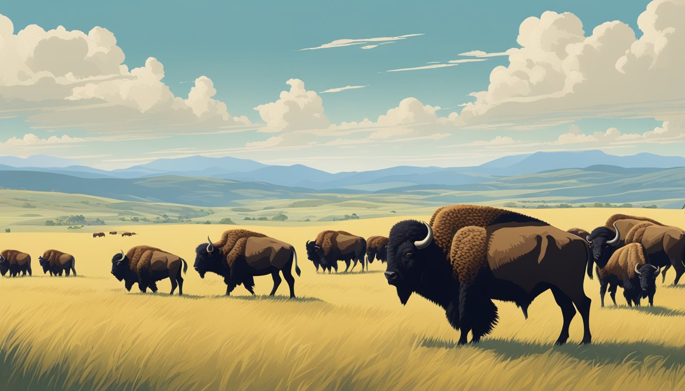 A herd of American bison graze on the vast grasslands, with a backdrop of rolling hills and a clear blue sky, evoking the timeless history of their evolution and origin