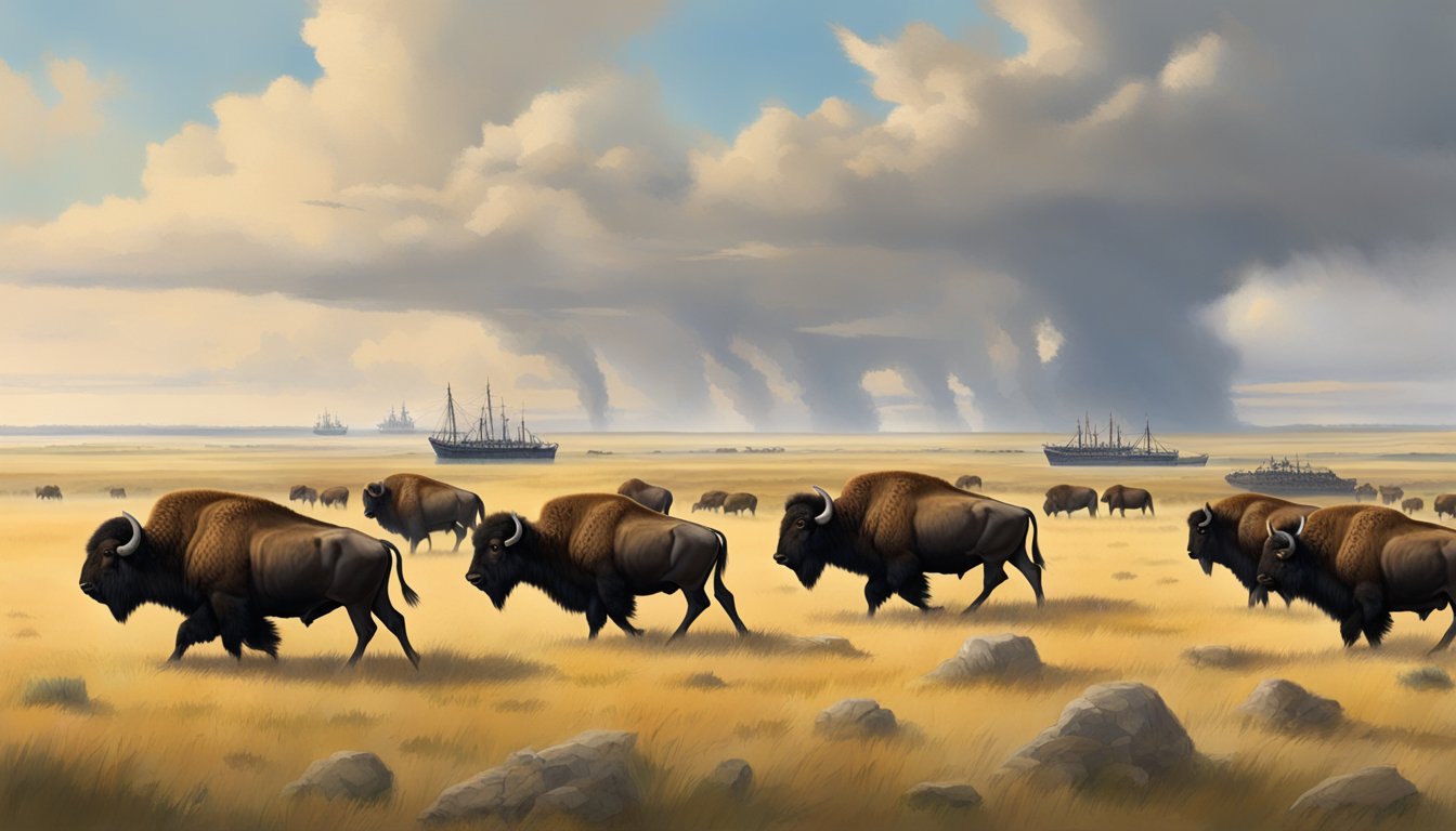 A herd of American bison grazing on the vast open plains, with European colonial ships on the horizon